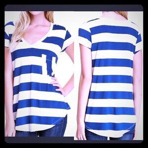 H BY BORDEAUX Blue and Beige Stripe T shirt-M